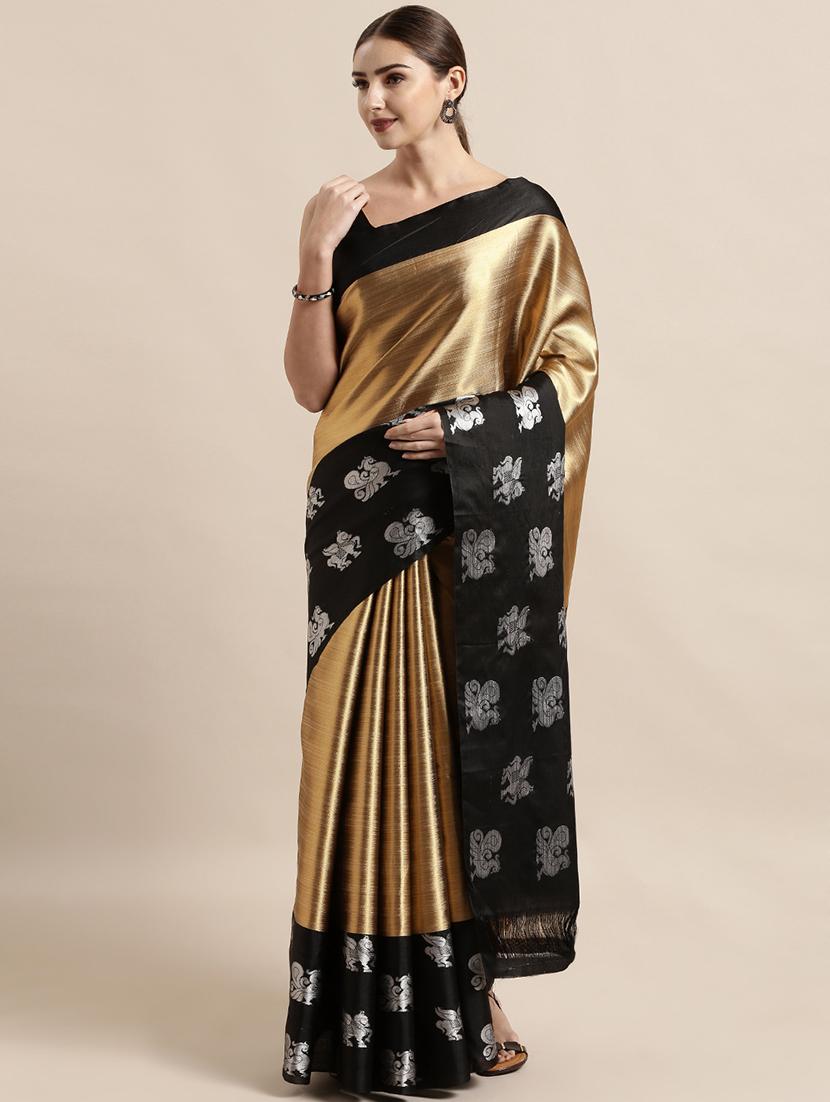 solid bordered gold kanjivaram saree with blouse - 17290215 - Zoom Image - 1