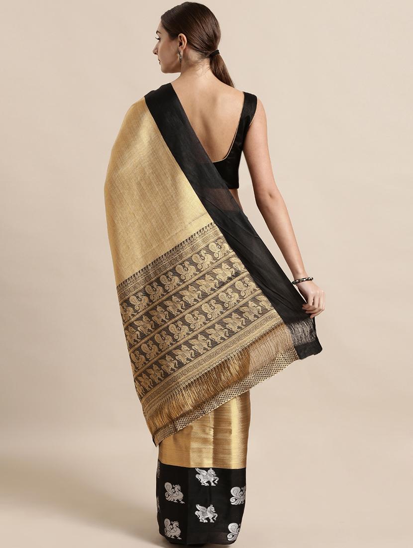 solid bordered gold kanjivaram saree with blouse - 17290215 - Zoom Image - 2