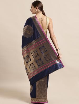 navy silk blend banarasi saree with blouse - 17290216 - Standard Image - 2