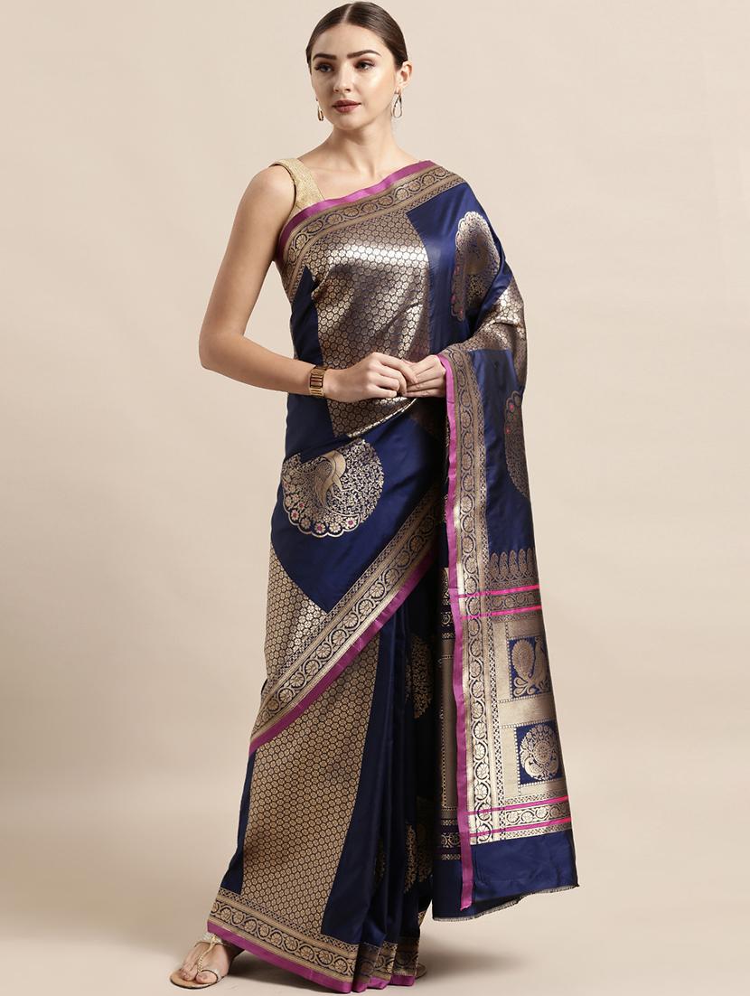 navy silk blend banarasi saree with blouse - 17290216 - Zoom Image - 1