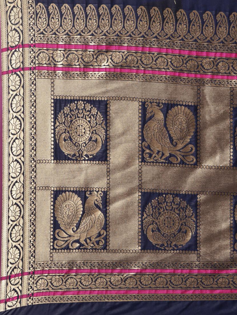 navy silk blend banarasi saree with blouse - 17290216 - Zoom Image - 4