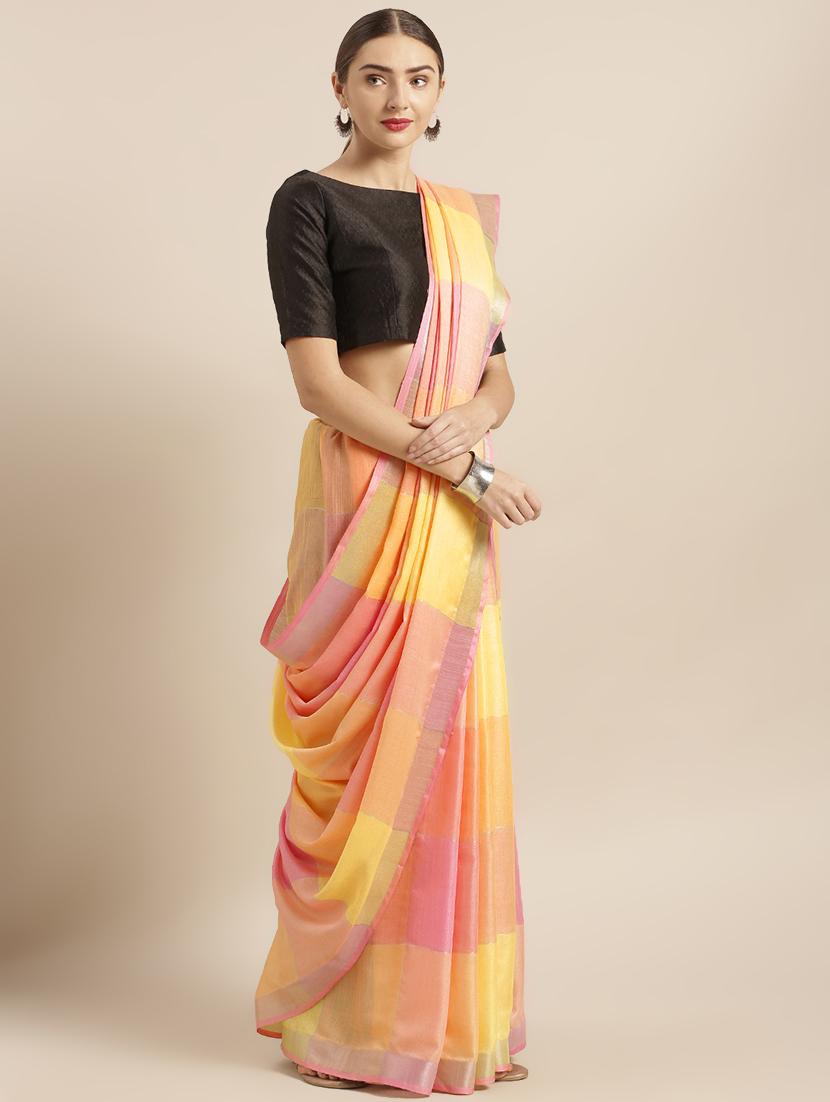 check printed saree with blouse - 17290289 - Zoom Image - 1