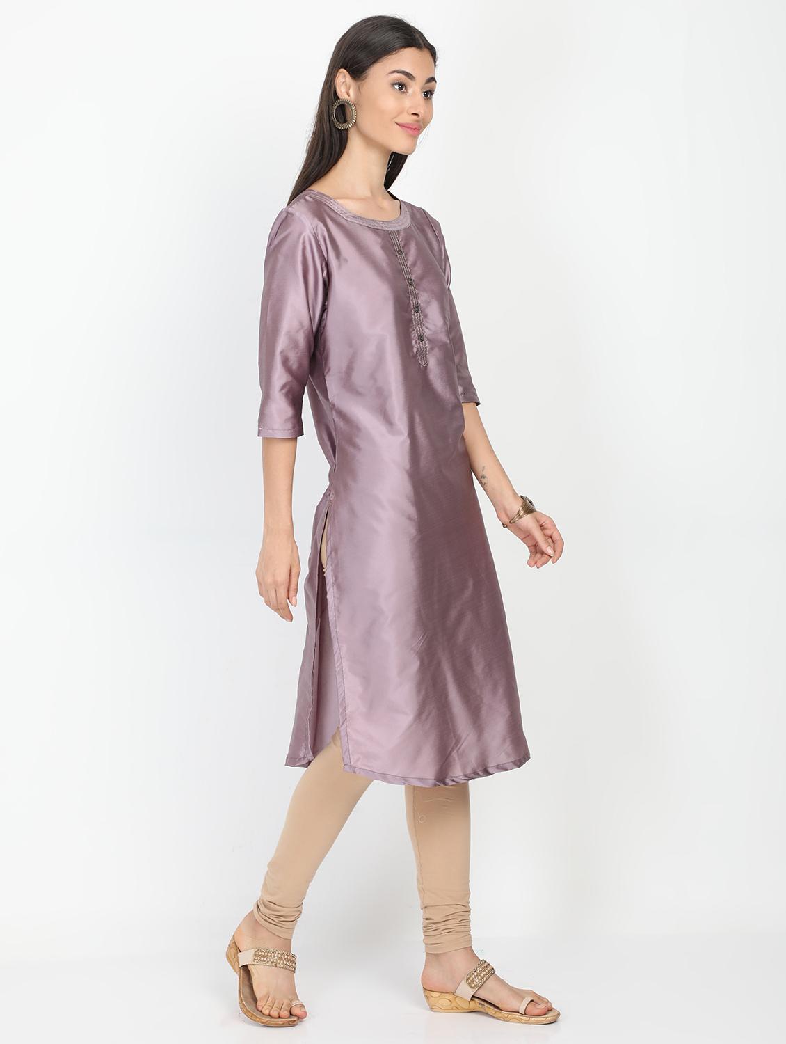 kanntha work solid straight kurta - 17291569 - Zoom Image - 2