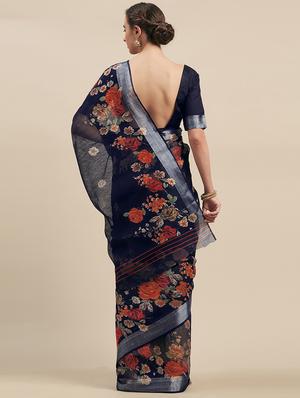 navy linen printed saree with blouse - 17299435 - Standard Image - 2