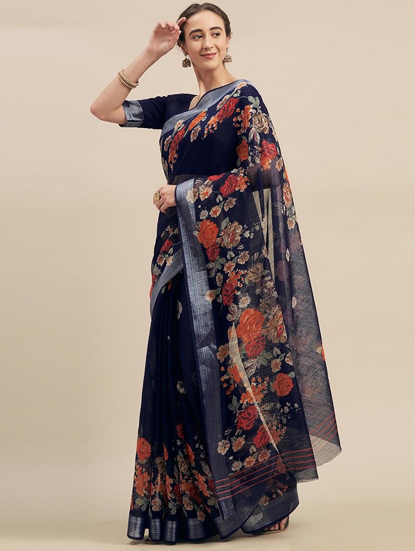 navy linen printed saree with blouse - 17299435 - Zoom Image - 1