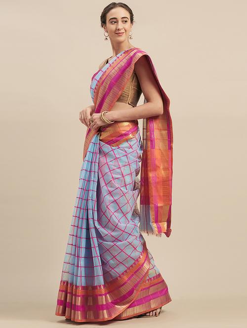 checkered printed saree with blouse - 17299440 - Standard Image - 1