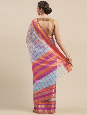 checkered printed saree with blouse - 17299440 - Standard Image - 2