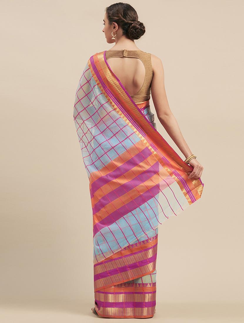 checkered printed saree with blouse - 17299440 - Zoom Image - 2