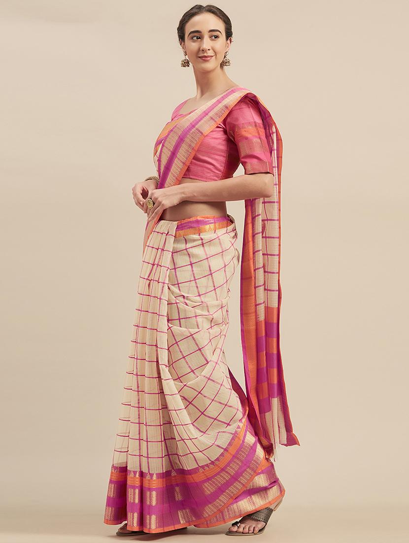 checkered printed saree with blouse - 17299441 - Zoom Image - 1