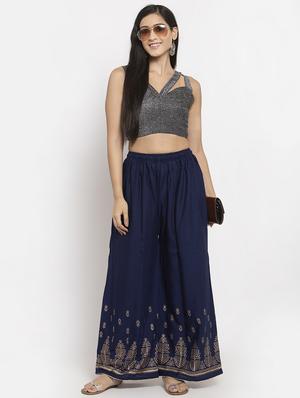 navy blue rayon flared palazzo - 17299665 - Standard Image - 4
