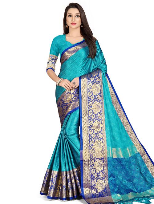 sky blue cotton silk banarasi saree with blouse - 17299888 - Standard Image - 1