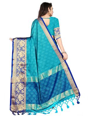 sky blue cotton silk banarasi saree with blouse - 17299888 - Standard Image - 2