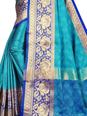 sky blue cotton silk banarasi saree with blouse - 17299888 - Standard Image - 3