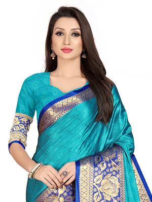sky blue cotton silk banarasi saree with blouse - 17299888 - Standard Image - 4