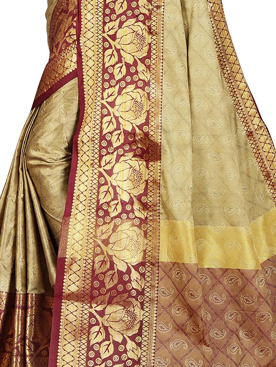 cream cotton silk banarasi saree with blouse - 17299889 - Zoom Image - 2