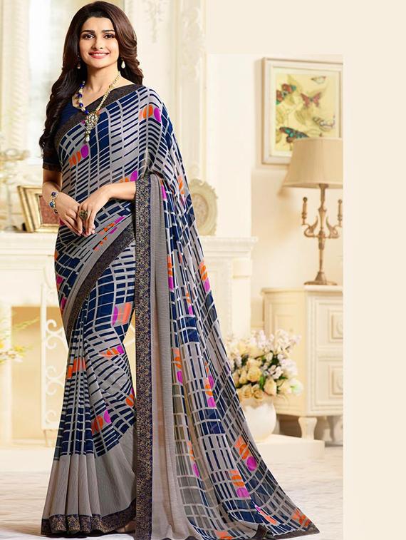 checkered printed saree with blouse - 17299932 - Zoom Image - 1