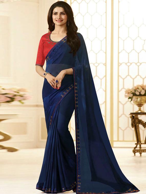 solid plain saree with blouse - 17299937 - Zoom Image - 1