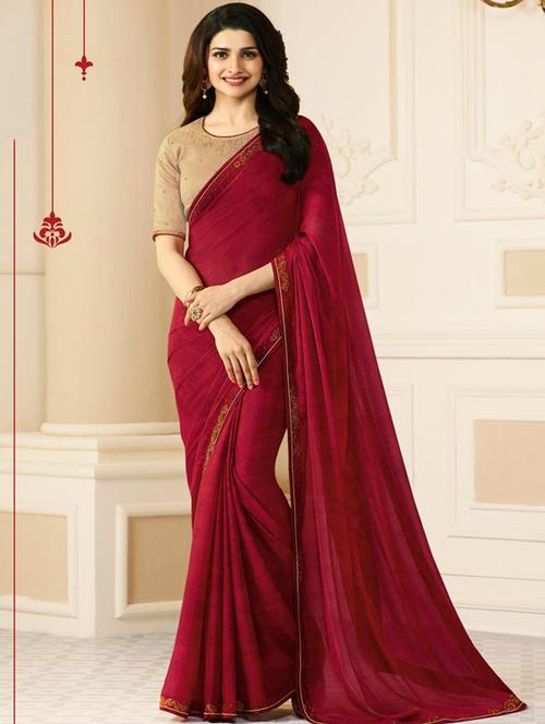 maroon georgette plain saree with blouse - 17299938 - Standard Image - 1
