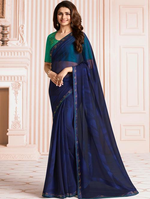 navy blue plain saree with blouse - 17299942 - Standard Image - 1