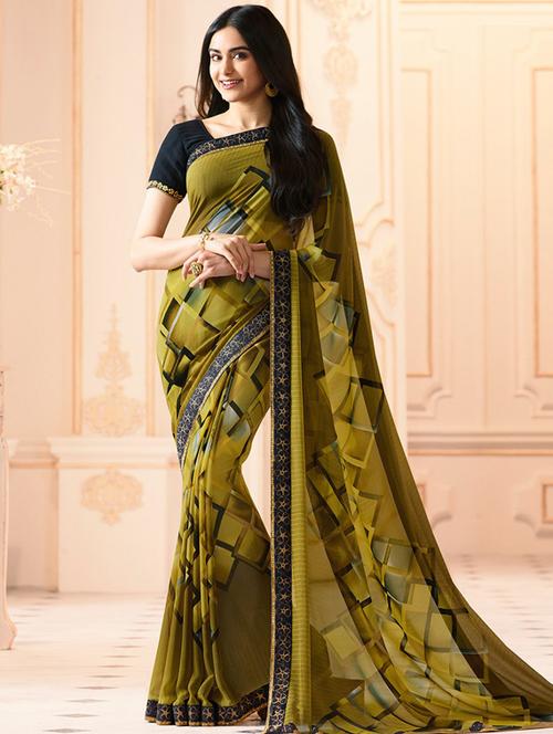 mehandi georgette printed saree with blouse - 17299951 - Standard Image - 1
