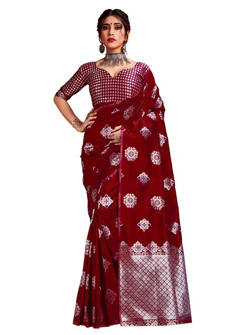 maroon woven saree with blouse - 17299997 - Standard Image - 1