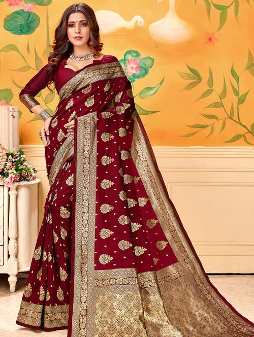 maroon banarasi saree with blouse - 17300016 - Standard Image - 1