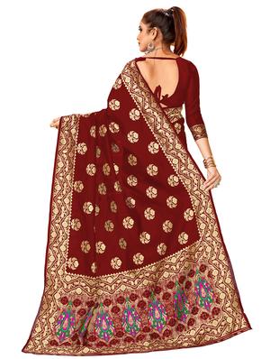 maroon silk banarasi saree with blouse - 17300021 - Standard Image - 2