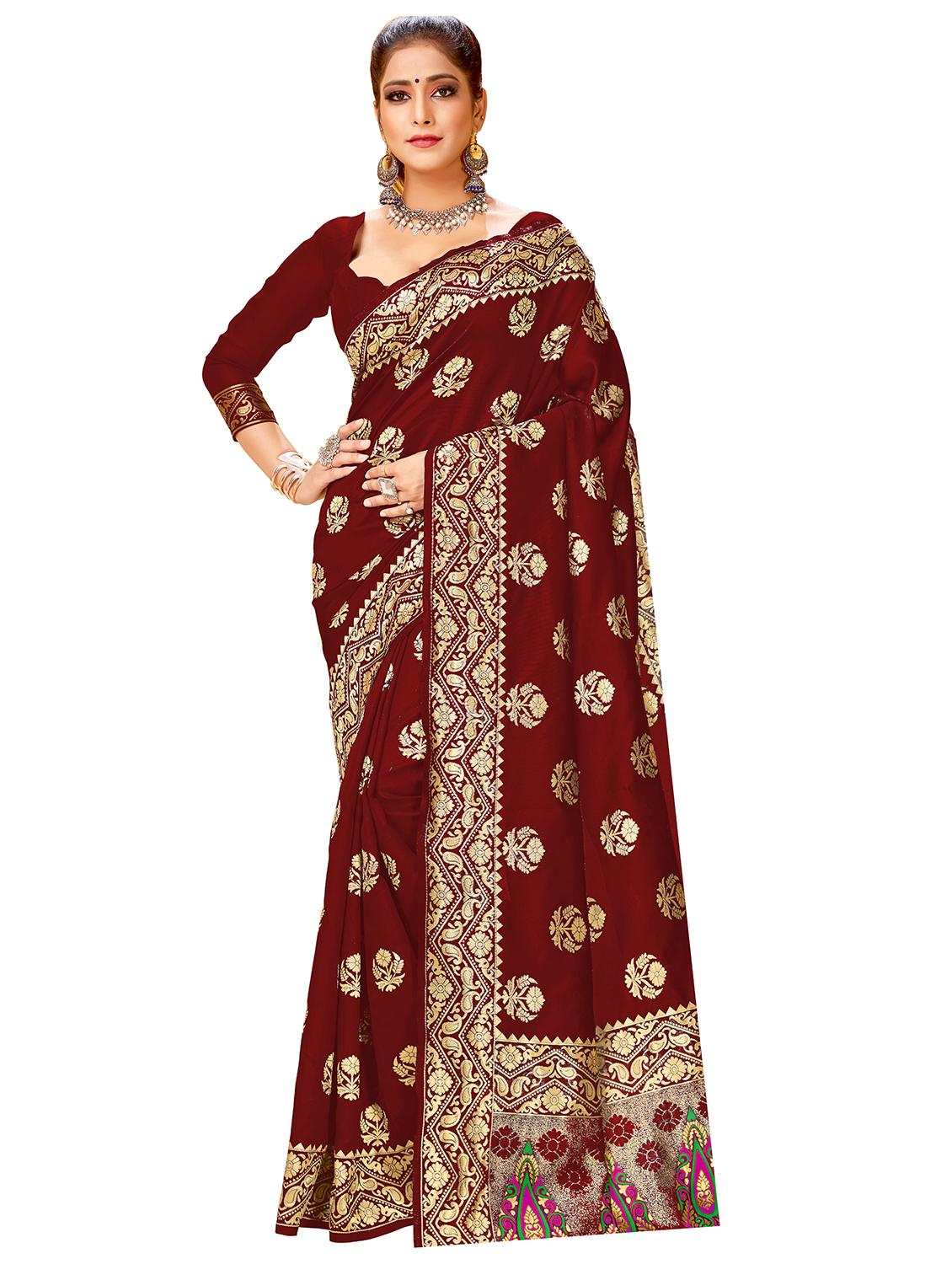 maroon silk banarasi saree with blouse - 17300021 - Zoom Image - 1