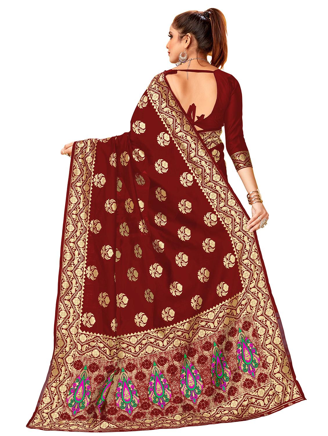 maroon silk banarasi saree with blouse - 17300021 - Zoom Image - 2