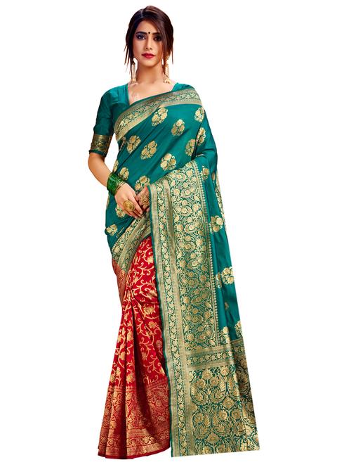 ethnic motif half & half saree with blouse - 17300025 - Standard Image - 1