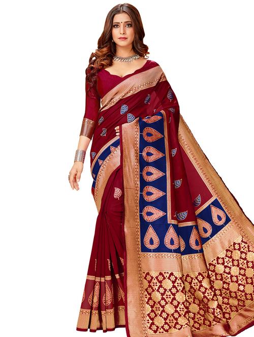 maroon cotton blend woven saree with blouse - 17300040 - Standard Image - 1