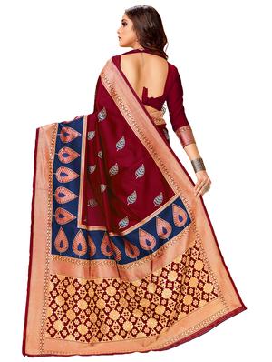 maroon cotton blend woven saree with blouse - 17300040 - Standard Image - 2