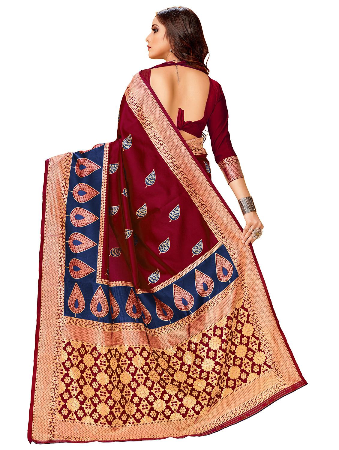 maroon cotton blend woven saree with blouse - 17300040 - Zoom Image - 2