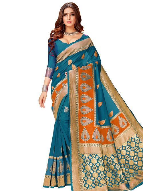 teal woven saree with blouse - 17300042 - Standard Image - 1