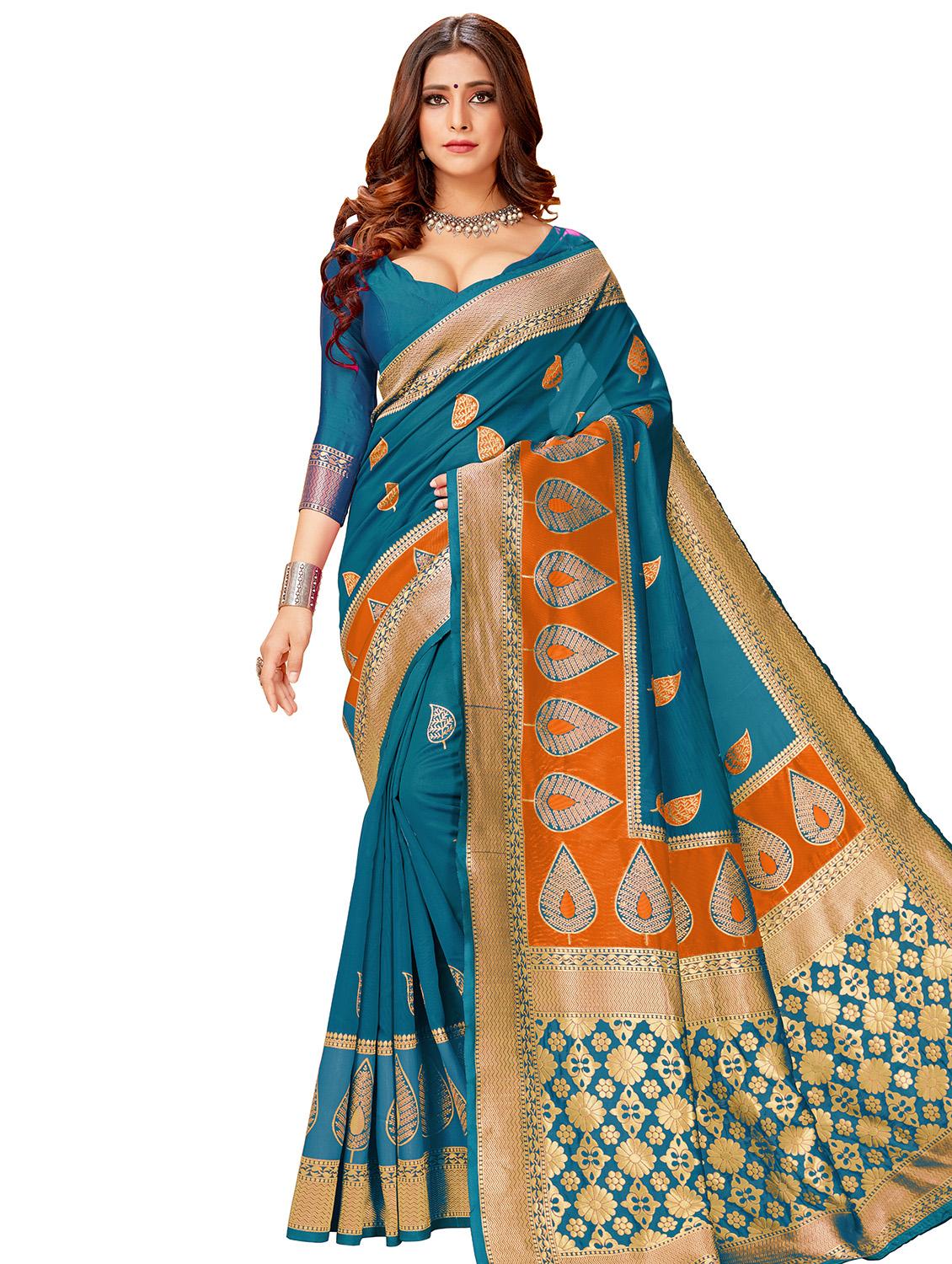 teal woven saree with blouse - 17300042 - Zoom Image - 1