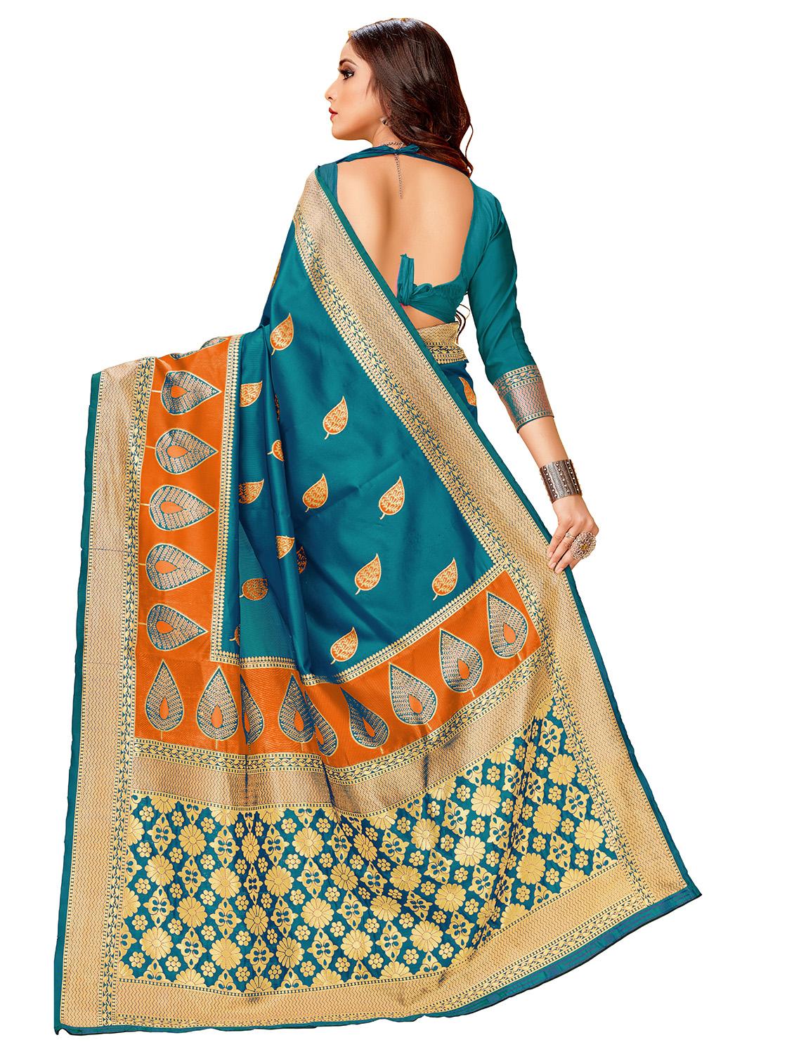 teal woven saree with blouse - 17300042 - Zoom Image - 2