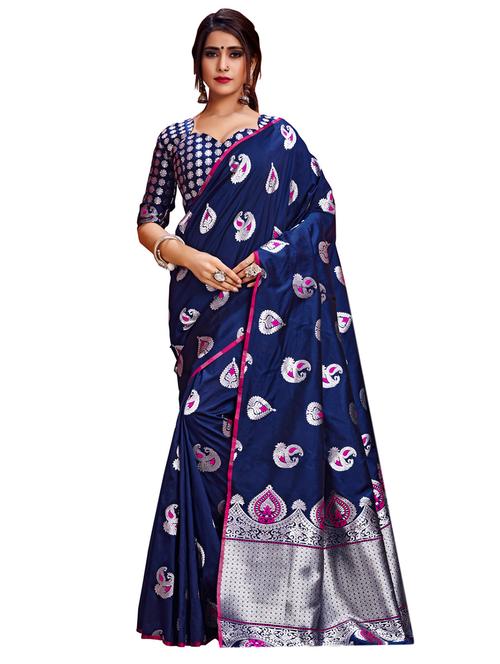 navy blue woven saree with blouse - 17300044 - Standard Image - 1