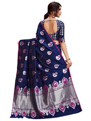 navy blue woven saree with blouse - 17300044 - Standard Image - 2