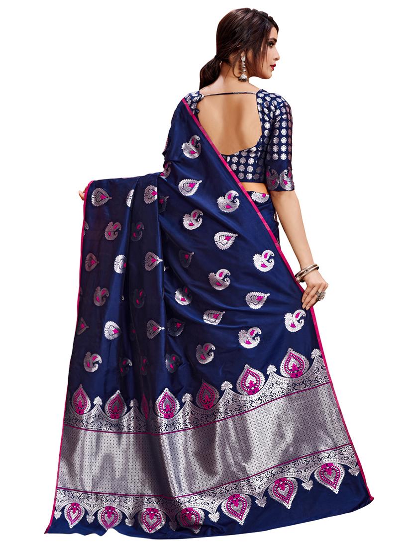 navy blue woven saree with blouse - 17300044 - Zoom Image - 2