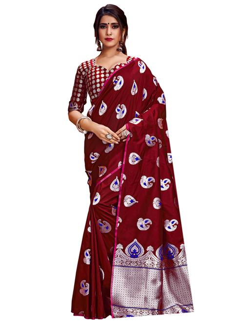 maroon woven saree with blouse - 17300046 - Standard Image - 1