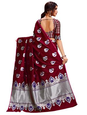 maroon woven saree with blouse - 17300046 - Standard Image - 2