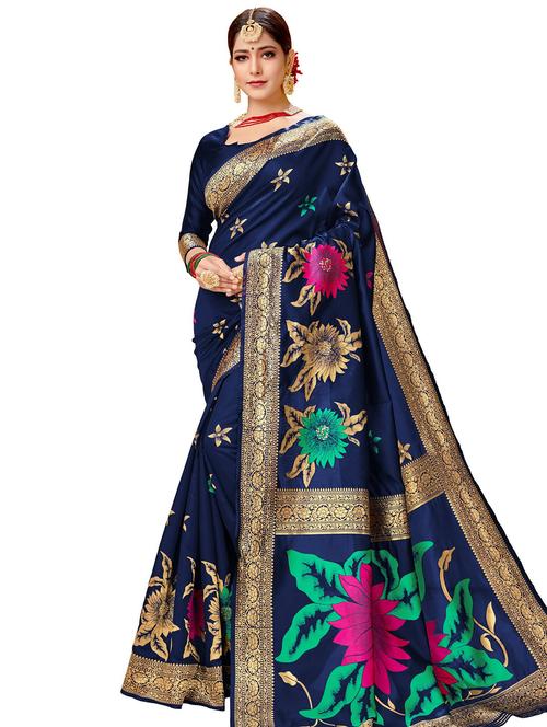 navy blue woven saree with blouse - 17300049 - Standard Image - 1