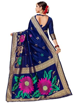 navy blue woven saree with blouse - 17300049 - Standard Image - 2