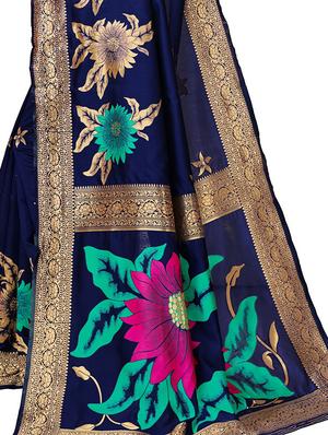 navy blue woven saree with blouse - 17300049 - Standard Image - 4