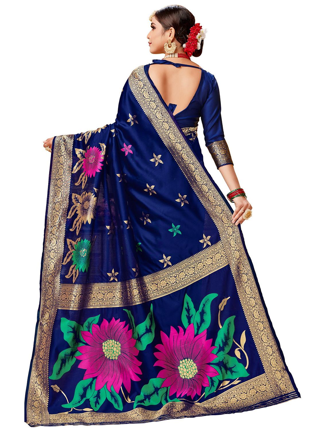 navy blue woven saree with blouse - 17300049 - Zoom Image - 2