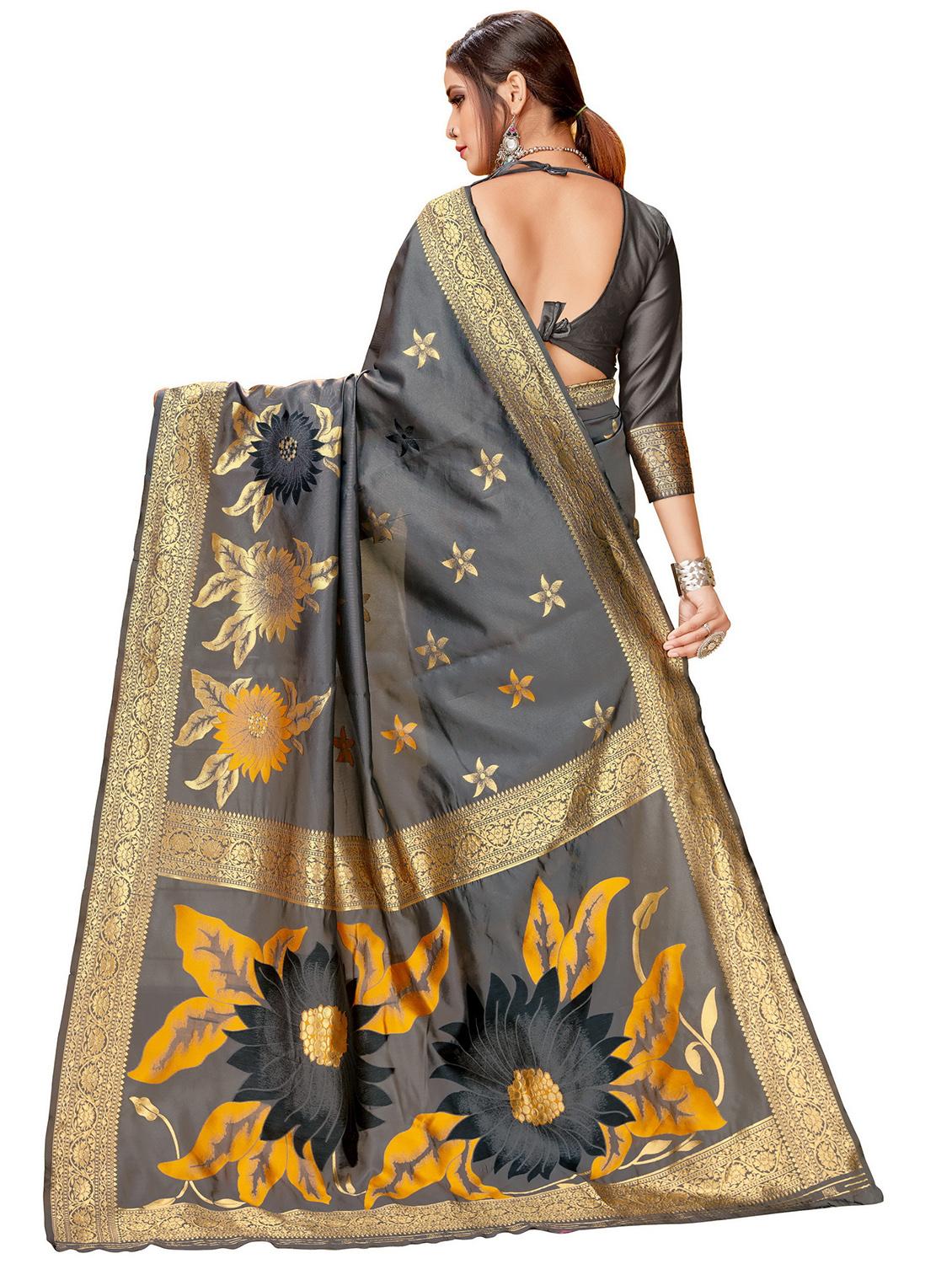 floral woven saree with blouse - 17300050 - Zoom Image - 2