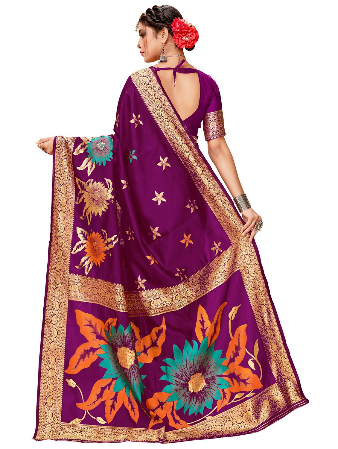 floral woven saree with blouse - 17300052 - Zoom Image - 2