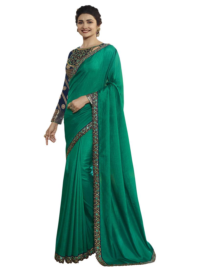 bottle green plain saree with blouse - 17300068 - Zoom Image - 1