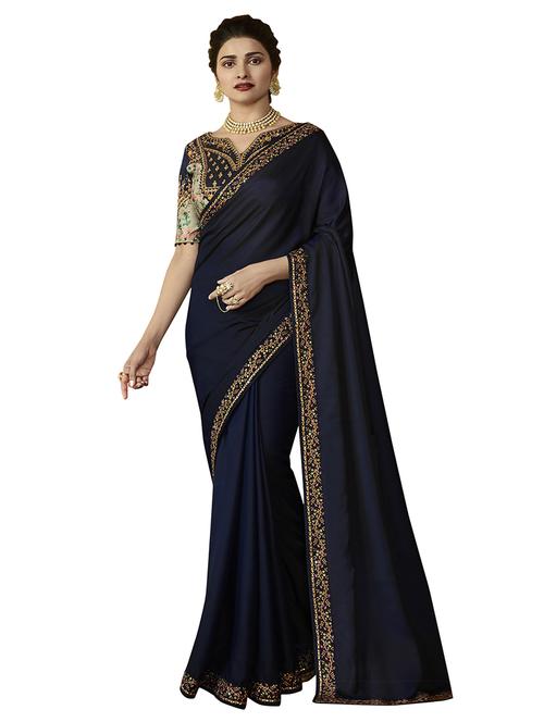 navy blue plain saree with blouse - 17300069 - Standard Image - 1