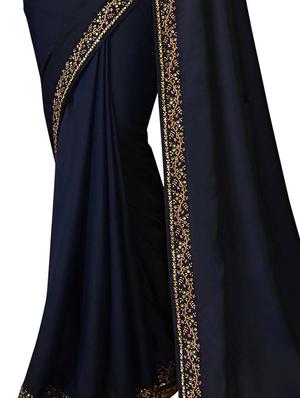 navy blue plain saree with blouse - 17300069 - Standard Image - 2